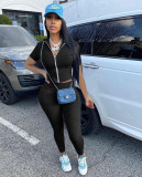 Women's Summer Leisure Zipper Sports Suit Solid Color Short Sleeve Two Piece Set
