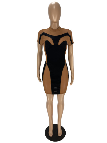 Women's Spring/Summer Sexy Mesh Panel Short Sleeve Dress