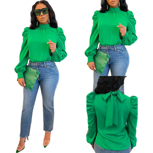 Solid Color Long Stand Collar Puff Sleeve Tie Back Top