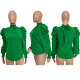 Solid Color Long Stand Collar Puff Sleeve Tie Back Top