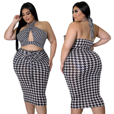Houndstooth Cutout Cross-Tie Smocked Dress