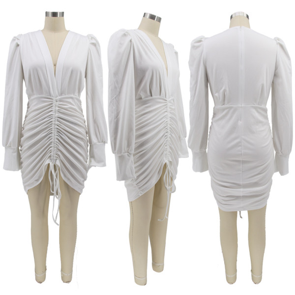 Solid color pull-up pleated hip sexy women's dress