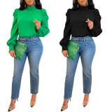 Solid Color Long Stand Collar Puff Sleeve Tie Back Top