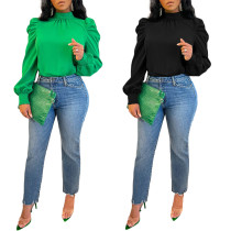 Solid Color Long Stand Collar Puff Sleeve Tie Back Top