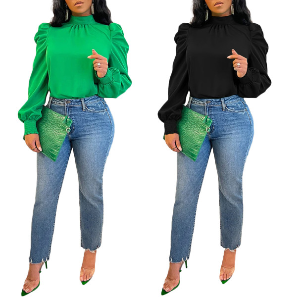 Solid Color Long Stand Collar Puff Sleeve Tie Back Top