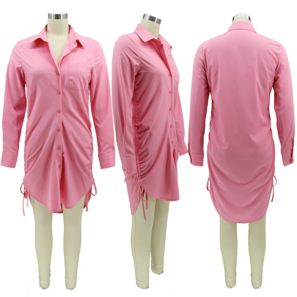Sexy Solid Color Pack Hip Long Sleeve Drawstring Smocked Dress