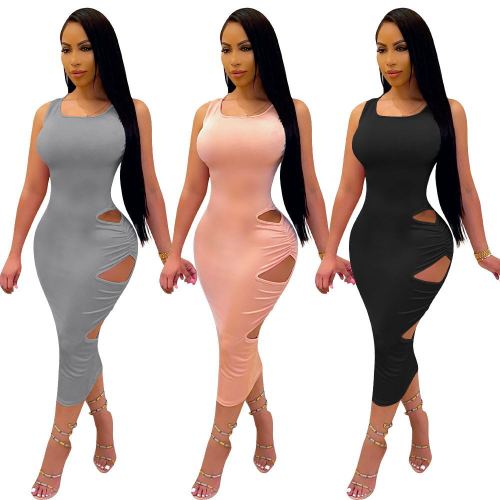 Fashion solid color vest sexy pleated hollow dress