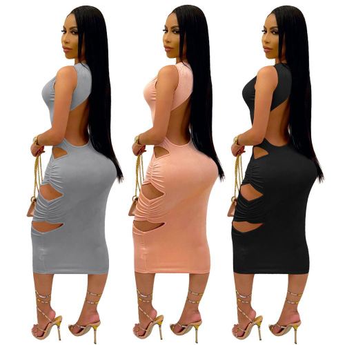 Fashion solid color vest sexy pleated hollow dress
