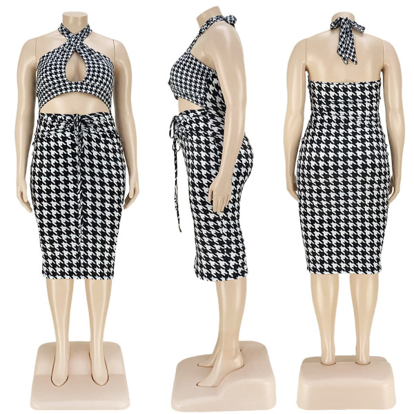 Houndstooth Cutout Cross-Tie Smocked Dress
