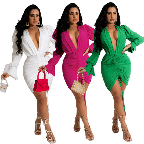 Solid color pull-up pleated hip sexy women's dress