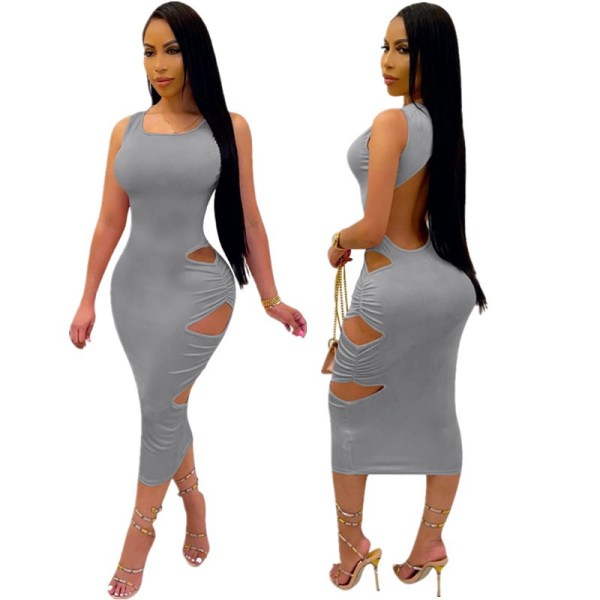 Fashion solid color vest sexy pleated hollow dress