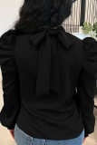 Solid Color Long Stand Collar Puff Sleeve Tie Back Top