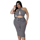 Houndstooth Cutout Cross-Tie Smocked Dress