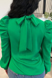 Solid Color Long Stand Collar Puff Sleeve Tie Back Top