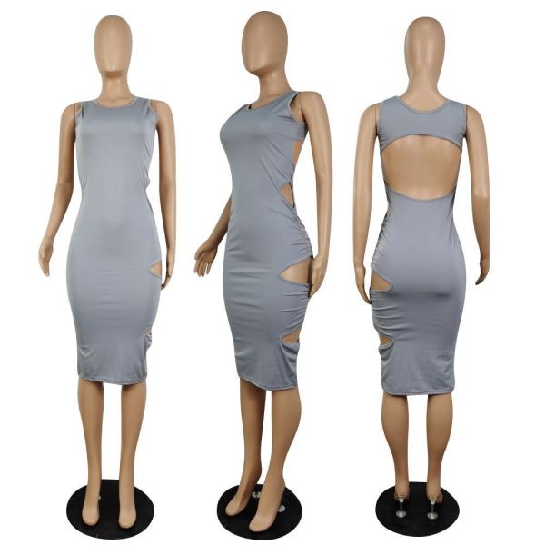 Fashion solid color vest sexy pleated hollow dress