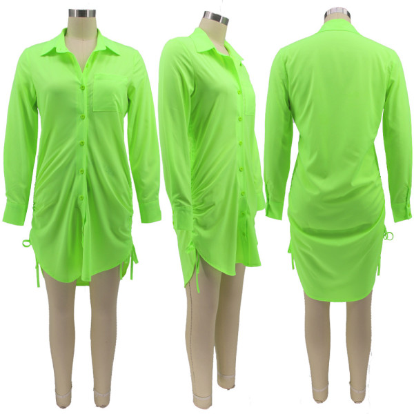 Sexy Solid Color Pack Hip Long Sleeve Drawstring Smocked Dress