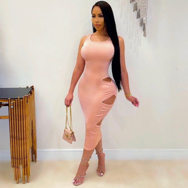 Fashion solid color vest sexy pleated hollow dress