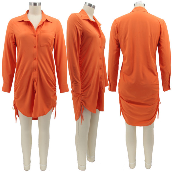 Sexy Solid Color Pack Hip Long Sleeve Drawstring Smocked Dress