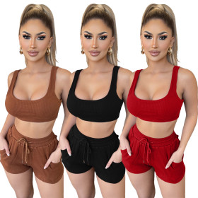 Women's Solid Color Tank Top Pit Strip Shorts Tracksuit
