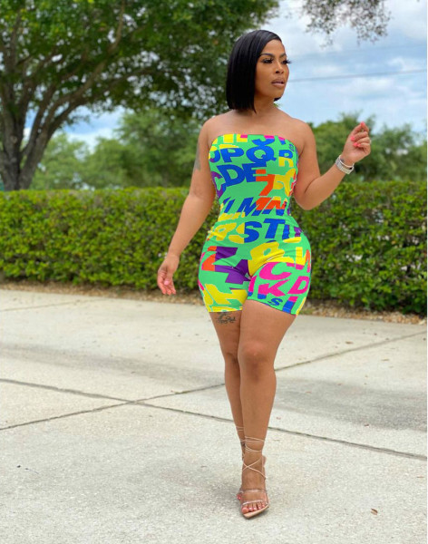 Women Fashion Sexy Elastic Bandeau Letter Print Jumpsuit Jumpsuit