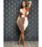 Fashionable and sexy tight-fitting contrast color stitching short jumpsuit