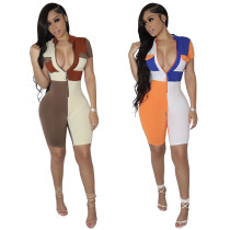 Fashionable and sexy tight-fitting contrast color stitching short jumpsuit Fashionable and sexy tight-fitting contrast color stitching short jumpsuit