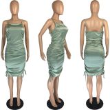 Pleated Solid Color Zip Tie Slip Dress