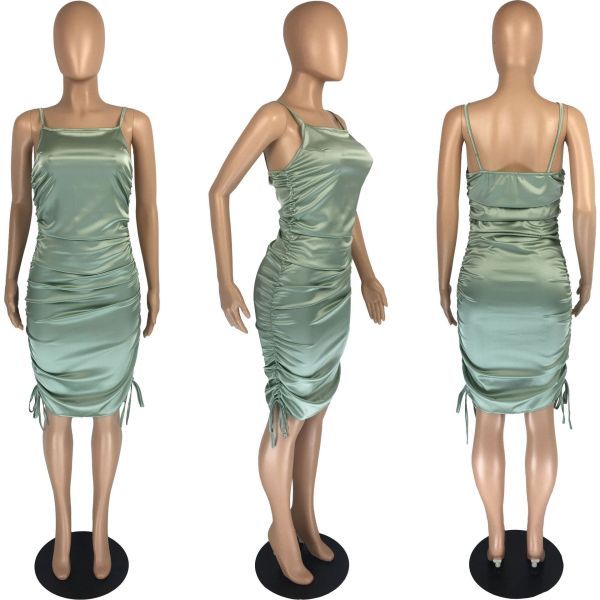 Pleated Solid Color Zip Tie Slip Dress