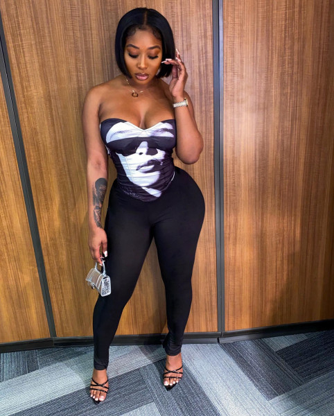 Women's sexy head portrait top positioning print tight solid color pencil pants two-piece set