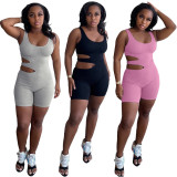 Solid color tight sexy hollow stripe short jumpsuit