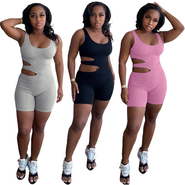 Solid color tight sexy hollow stripe short jumpsuit