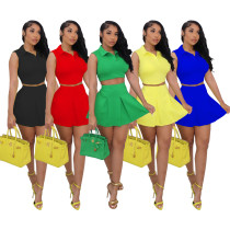 Fashion Casual Sleeveless POLO Collar Folding Skirt Spring Summer Suit