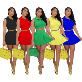 Fashion Casual Sleeveless POLO Collar Folding Skirt Spring Summer Suit