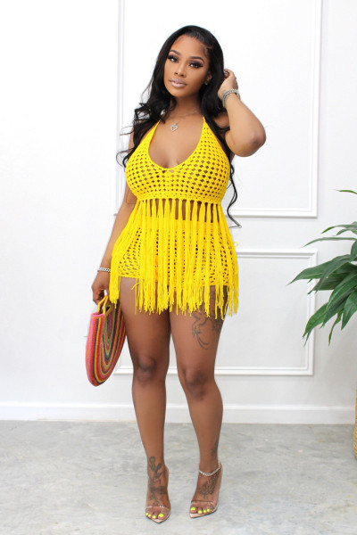 Women's Sexy Mesh Sheer Knitted Handmade Fringe Beach Suit