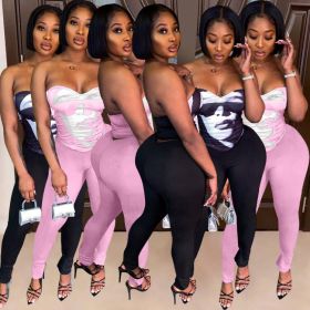 Women's sexy head portrait top positioning print tight solid color pencil pants two-piece set