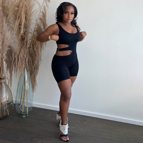 Solid color tight sexy hollow stripe short jumpsuit