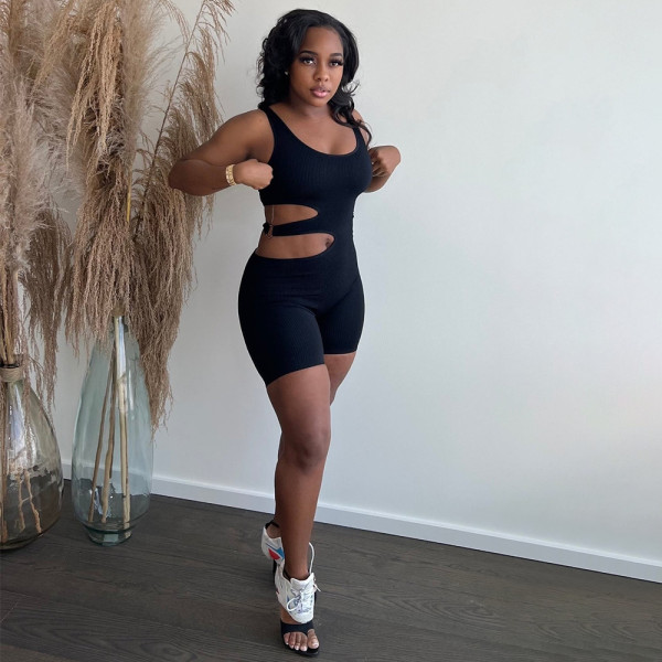 Solid color tight sexy hollow stripe short jumpsuit