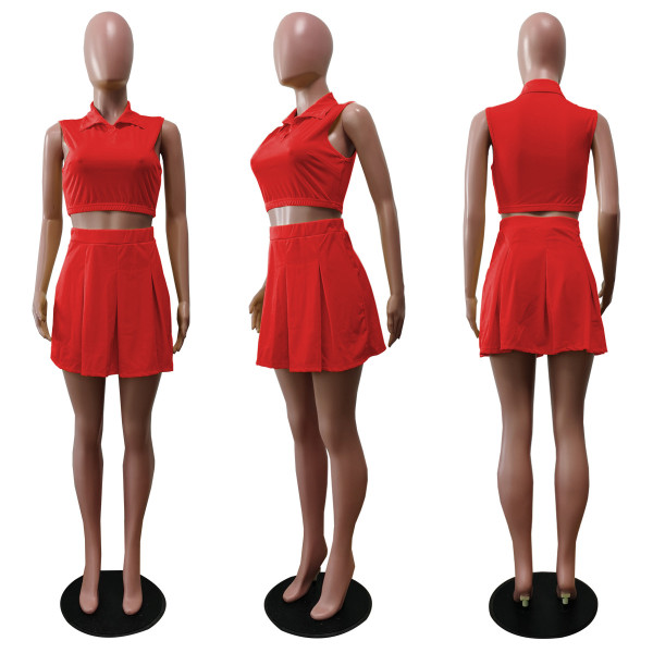 Fashion Casual Sleeveless POLO Collar Folding Skirt Spring Summer Suit
