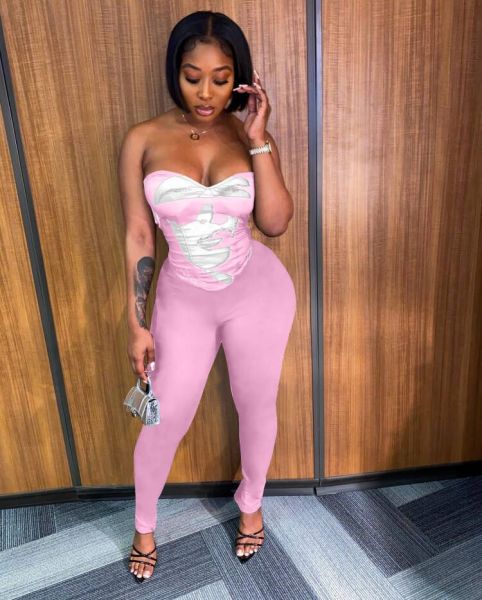 Women's sexy head portrait top positioning print tight solid color pencil pants two-piece set
