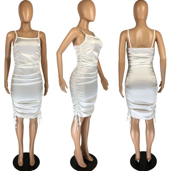 Pleated Solid Color Zip Tie Slip Dress