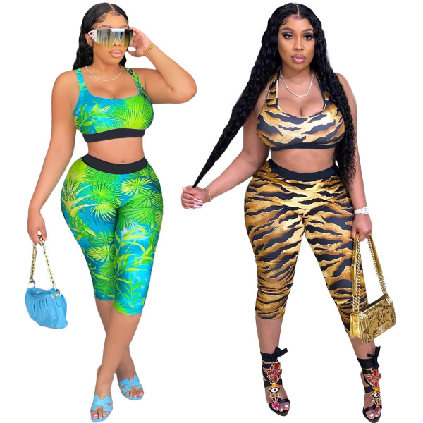Ladies Casual Sexy Vest Print Cropped Pants Two Piece Set