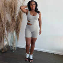 Solid color tight sexy hollow stripe short jumpsuit Solid color tight sexy hollow stripe short jumpsuit