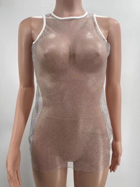 Sexy Women's Mesh stitching high-end sexy sleeveless ultralight dress