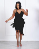 solid color sexy fringed dress