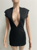 Deep V Sexy Short Dress Short Sleeve Rib