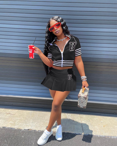 Women's Jacket Baseball Uniform Letter B Print Sports Skirt Set