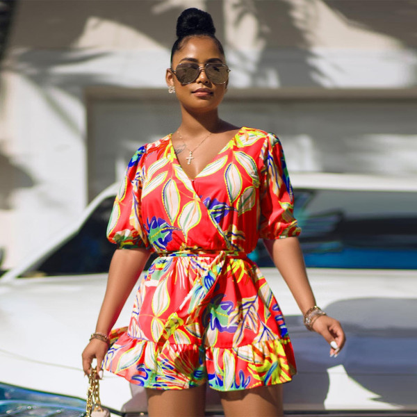 Sexy Ladies Summer Beach Sexy Print Half Sleeve Jumpsuit