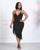 solid color sexy fringed dress