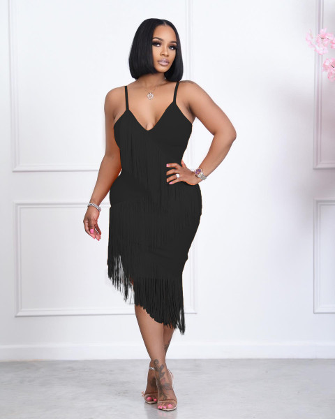 solid color sexy fringed dress