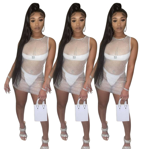 Sexy Women's Mesh stitching high-end sexy sleeveless ultralight dress